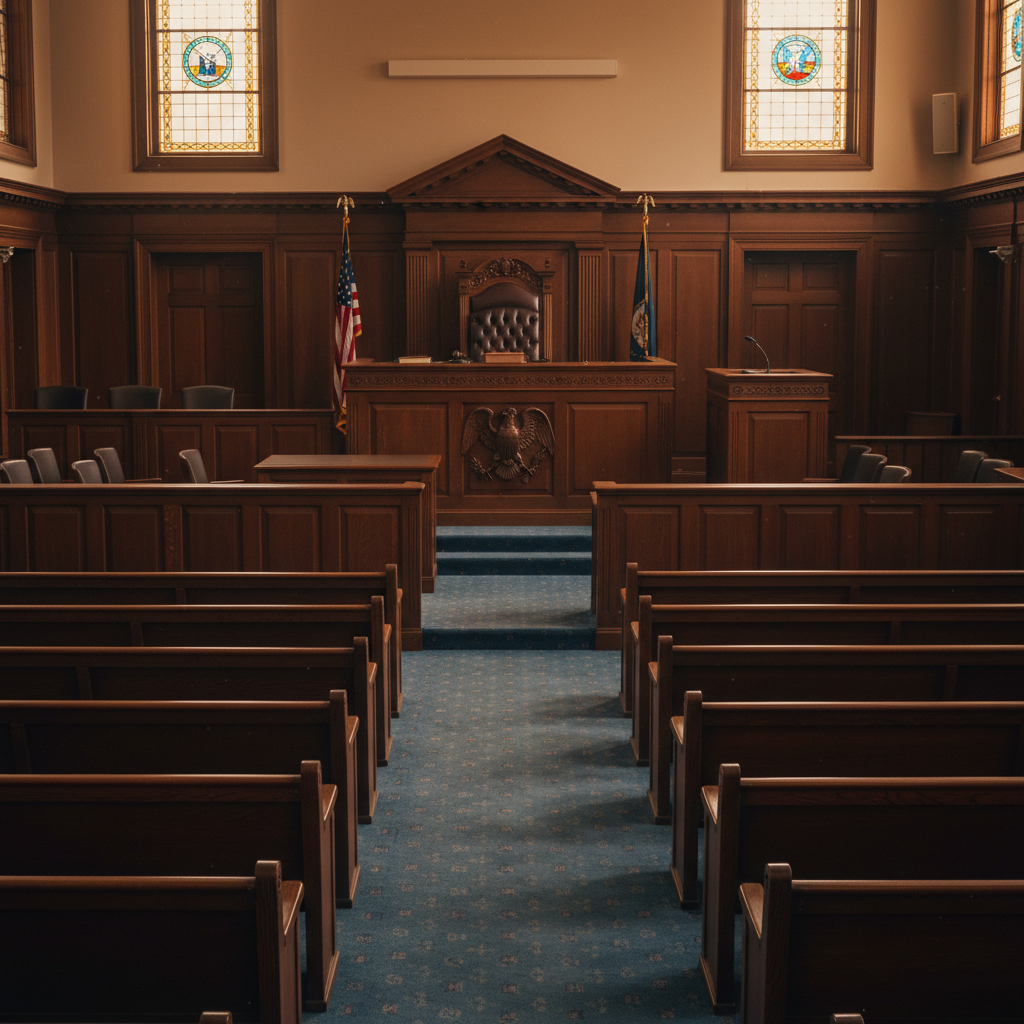a courtroom with no people, just the judge's bench, witness stand, and courtroom seating