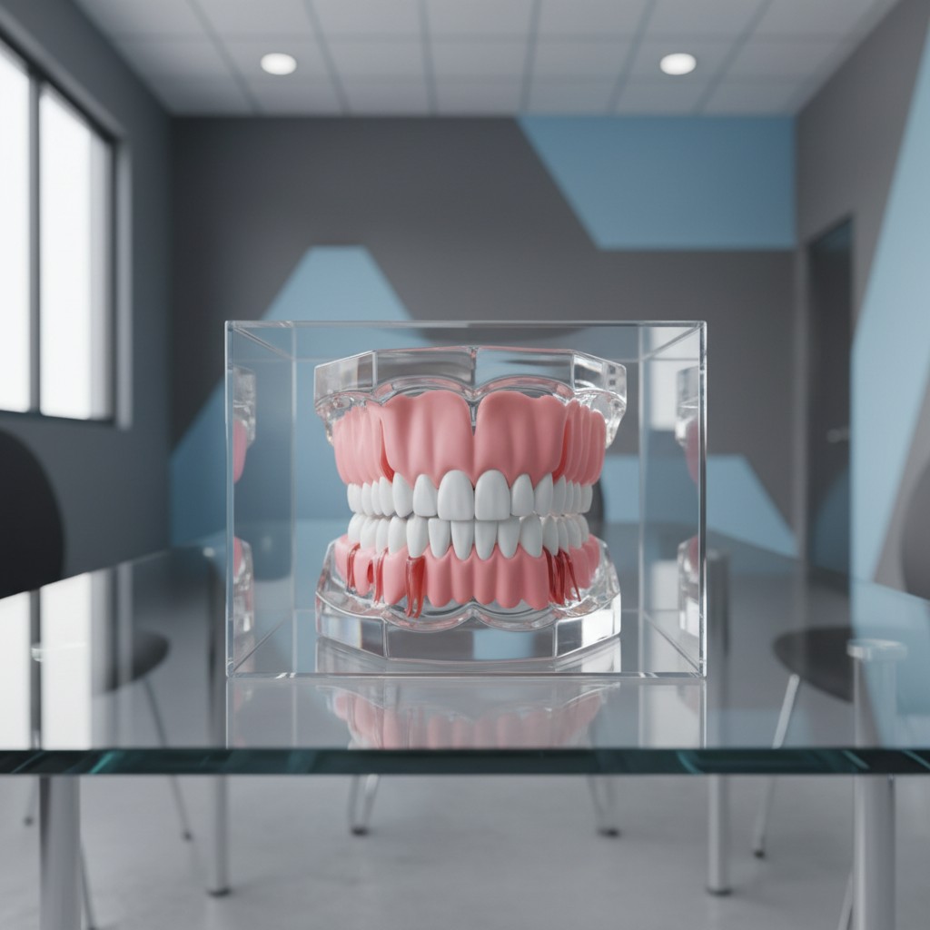 Teeth in a transparent casing on a glass table, possibly for a dental laboratory.