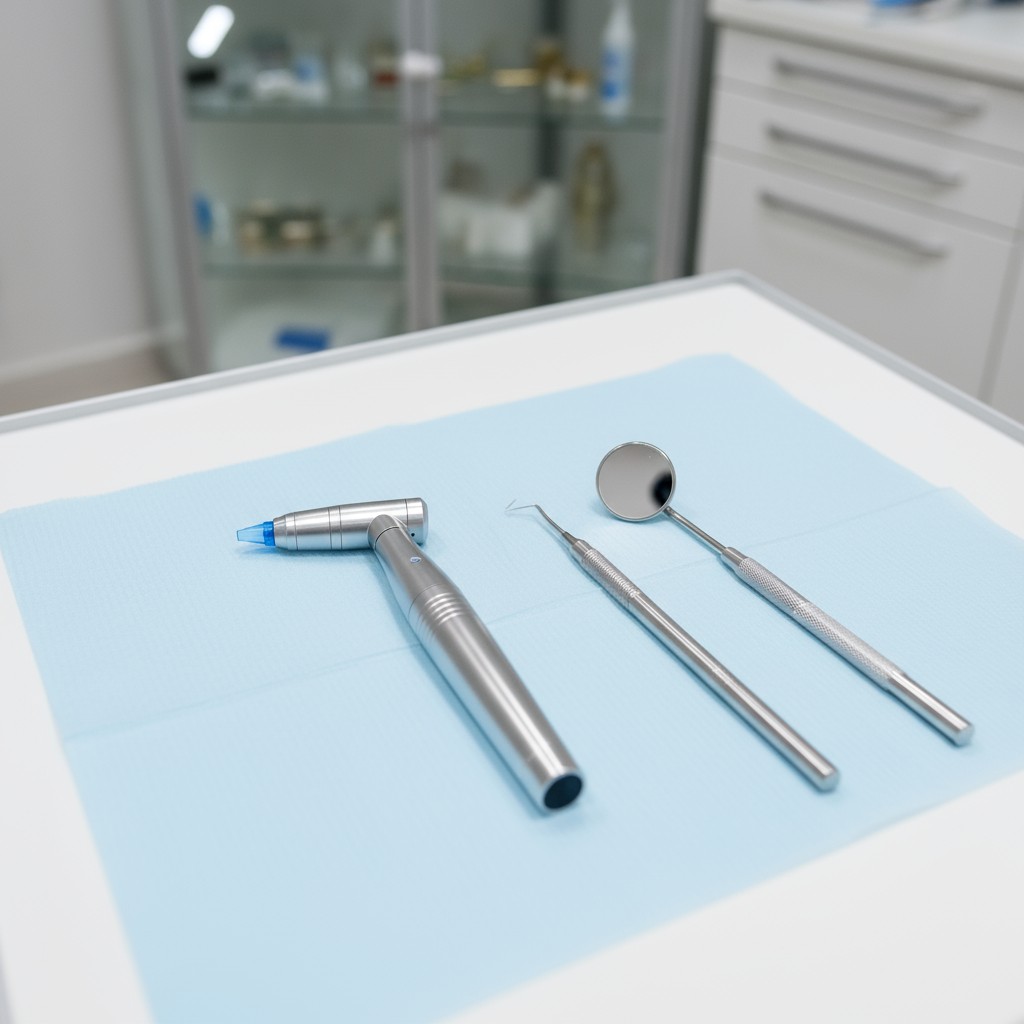 Three dental tools on table; a mirror, a long thin pointed instrument, and a rotating (e. g. drill), all silver.